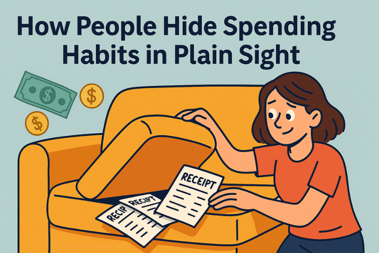 cartoon female hiding bills under the sofa