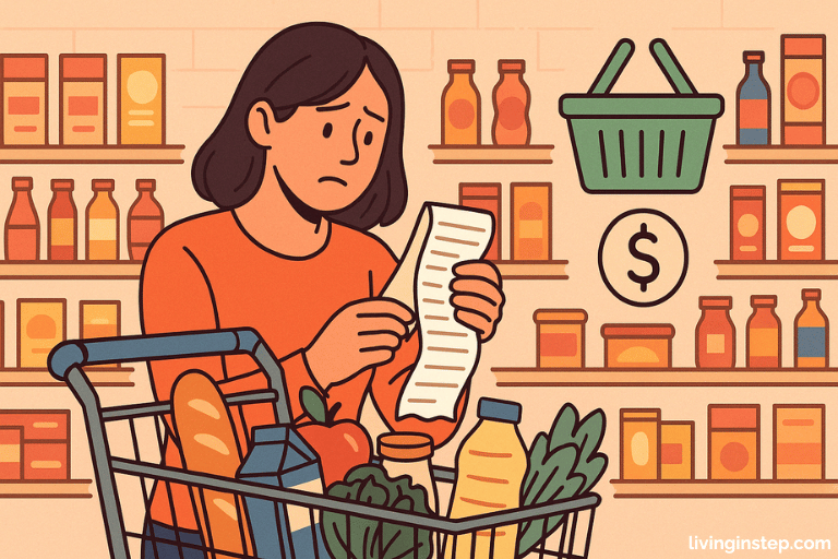 cartoon style female with a grocery list and shopping frowning
