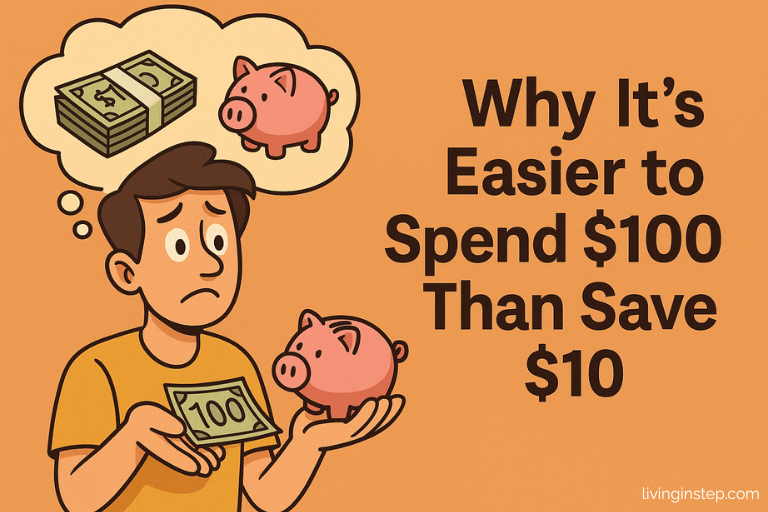 cartoon male, cash in one hand piggy bank in the other. Thinking expression