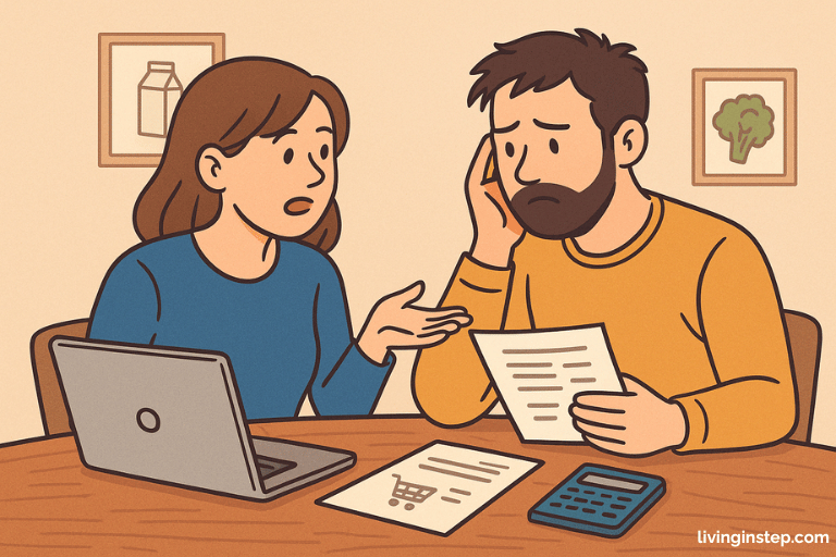 Cartoon style male and female arguing over bills