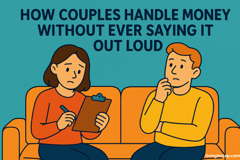 Cartoon style male and female sat on sofa discussing money