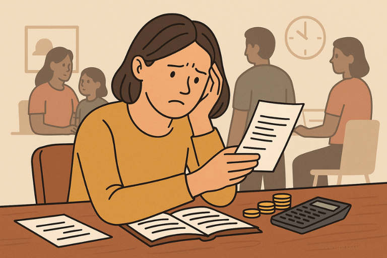 cartoon female with family in the background going over the bills