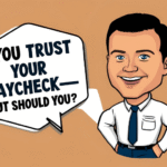a cartoon man smiling alongside text that reads "you trust your paycheck"
