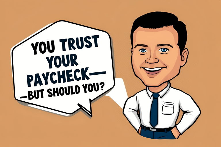 a cartoon man smiling alongside text that reads "you trust your paycheck"